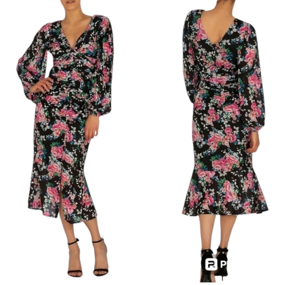 Guess Long-Sleeve Floral Print Ruched Body Front slit Cocktail Midi Dress - Picture 1 of 12